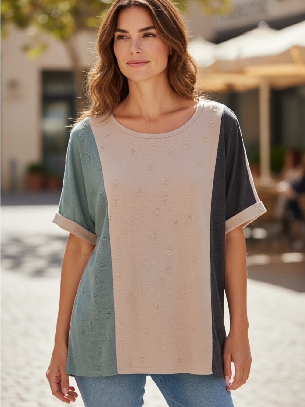 MACARON Beige Short Sleeve Tee with Green and Charcoal Panels